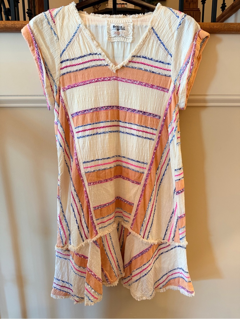 Anthropologie HOLDING HORSES Peach & Cream Striped V-Neck Dress
